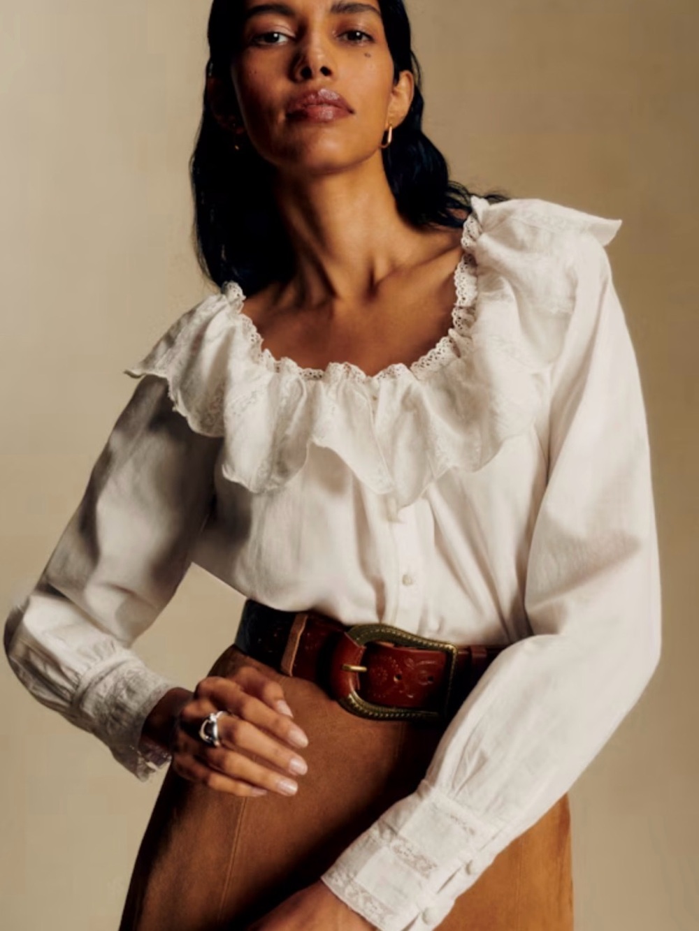 Sézane Garancine blouse in ecru ruffled lace collar Sz 6